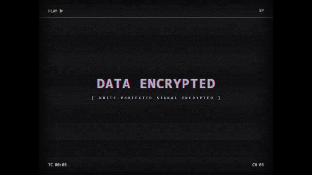 Retro VHS Glitch Screen Animation with Data Encrypted Warning Text