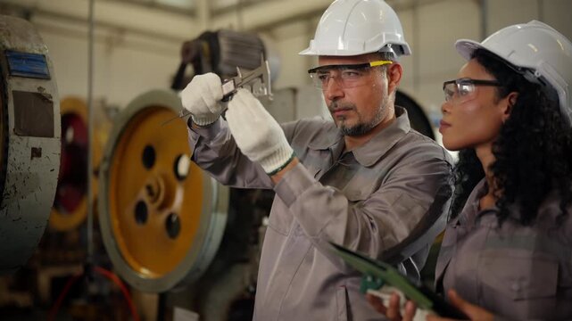 Male factory worker measuring metal part with caliper after metal stamping process with machine, quality control inspection of steel component produced by industrial machinery in metal manufacturing