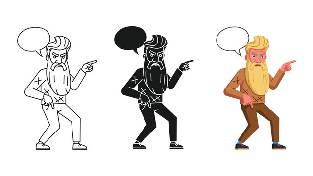 Angry bearded man pointing finger vector illustration set