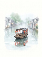 Red-lantern boat drifting past whitewashed riverside houses in fog © echo