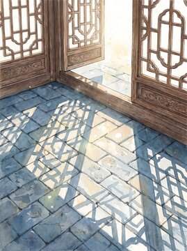 Carved lattice window throwing geometric shadows across a stone floor