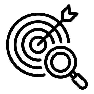 Bullseye target with magnifying glass representing precise audience research and market targeting strategies for Digital advertising icon line style