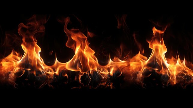 Dynamic flames dance across a dark background. The intense orange and yellow fire creates a dramatic and captivating visual.