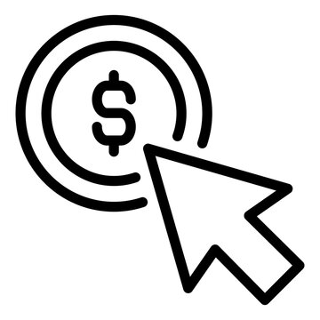 Cursor clicking a dollar coin representing cost per click and online transaction conversion for Digital advertising icon line style