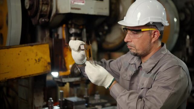 Male factory worker measuring metal part with caliper after metal stamping process with machine, quality control inspection of steel component produced by industrial machinery in metal manufacturing