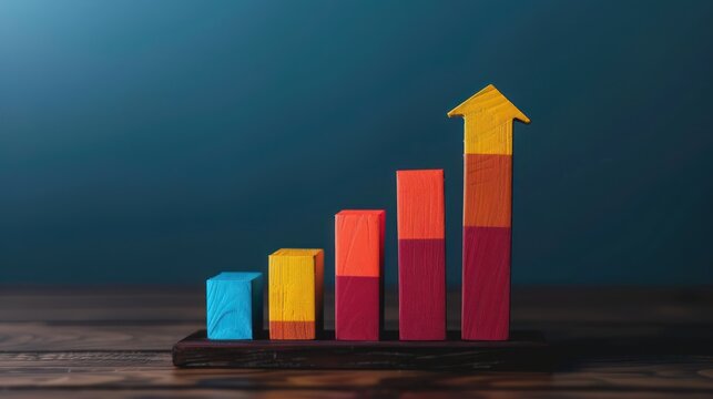 A wooden block chart shows a rising trend, symbolizing growth and progress.