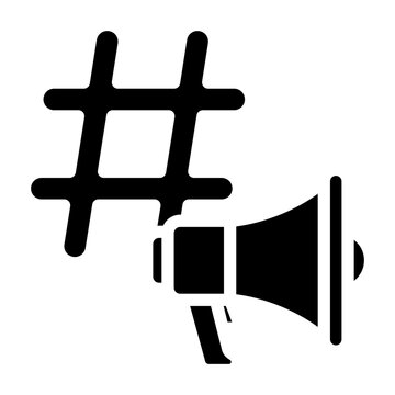 Hashtag symbol with megaphone representing social media promotion and viral hashtag marketing campaigns for Digital advertising icon solid style