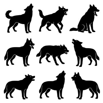 Siberian husky silhouettes of dogs in howling and barking poses