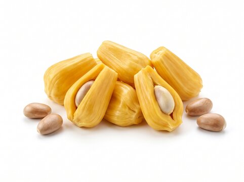 Fresh ripe sweet jackfruit bulbs with seeds isolated on white background, group of tropical yellow jackfruit pods, exotic Asian fruit flesh and kernels