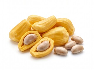 Obraz premium Ripe yellow jackfruit bulbs with seeds isolated on white background. Sweet tropical fruit pod chunks, ready to eat healthy organic vegan food snack
