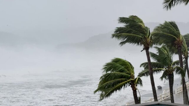 Hurricane Force Winds Batter Rough Sea And Whip Up Heavy Spray