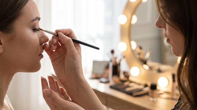 Professional makeup artist hands, applying eyeshadow brush on female client eye, standing near illuminated vanity mirror, indoor beauty salon studio, cosmetics photography