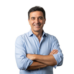 Fototapeta premium Middle aged man wearing a blue shirt standing with arms crossed isolated