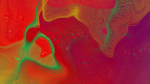 Red textile texture featuring yellow and green threads that slowly twist and wave, creating a stylish modern visual with smooth flowing abstract motion.