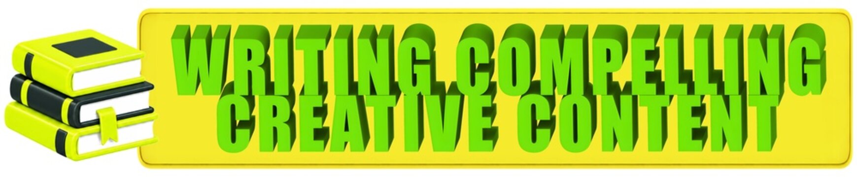 Writing Compelling Creative Content 3d text on banner with Stack of books 3d icon - 3d render