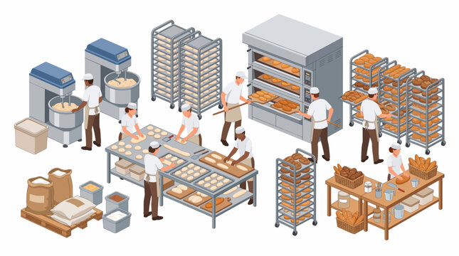 Bakery workers preparing and baking bread in a modern industrial bakery setting with isometric view