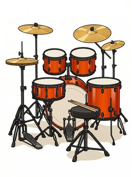 Vector illustration of an orange acoustic drum kit set complete with cymbals, snare, bass drum, drumsticks, and throne isolated on white background.