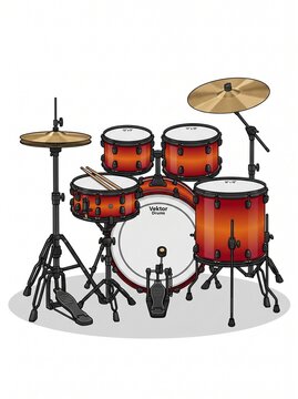Vector illustration of a red-orange gradient acoustic drum kit set with cymbals, snare drum, drumsticks, and hardware isolated on white background.