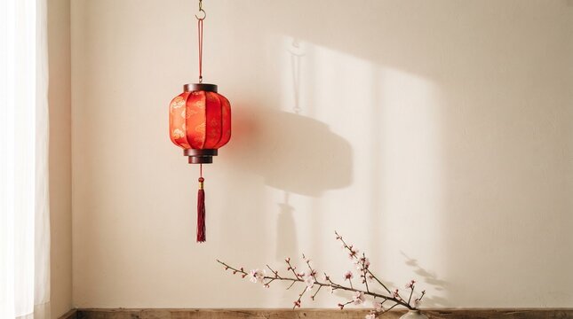 single red chinese lantern hanging against warm beige wall with plum blossom and subtle sunlight shadow