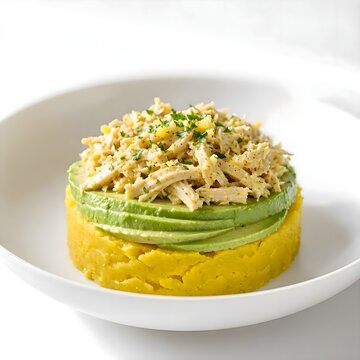 Causa Rellena Gourmet Layered Peruvian Potato Cake with Avocado Slices and Shredded Chicken Salad Served on a White Plate