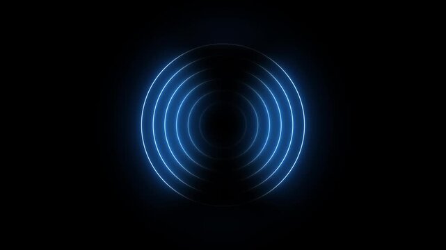 A dark abstract background with concentric glowing blue circles emanating from the center creating a sense of depth and futuristic energy Keywords: abstract, background, circles, rings, blue, neon