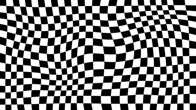 Monochrome small square patterns slowly bend and twist in flowing waves, creating a sleek modern abstract visual with rhythmic motion effects. 