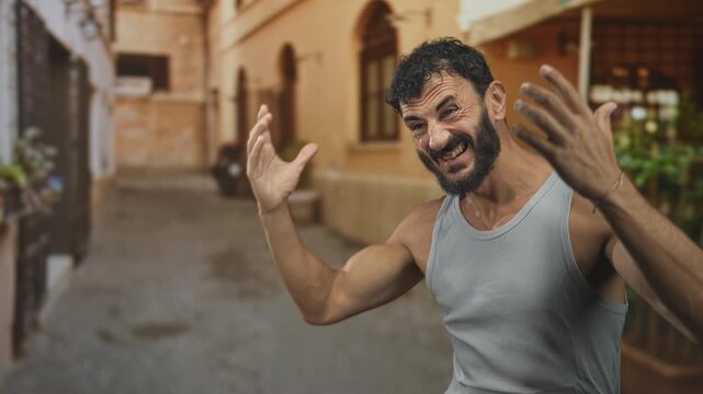 Man bearded and middleaged gesturing with open hands and animated face in a narrow sunlit street beside terracotta buildings, wearing a grey tanktop; joy playful energy.