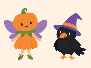 Obraz premium Cute cartoon Halloween pumpkin character and a witch crow bird isolated on light background.