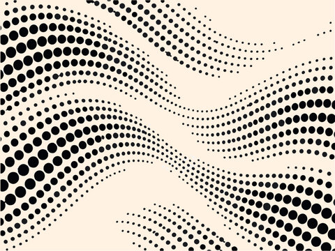 Abstract black and white background with dynamic wavy halftone dot pattern.