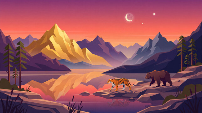 Cinematic Flat Vector Landscape with Golden Mountains, Tiger, Bear, and Celestial Bodies
