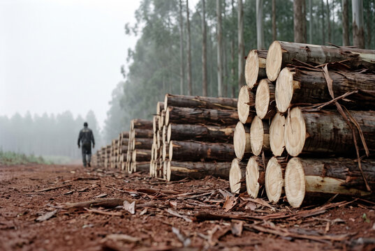 Stacked eucalyptus logs along dirt road with worker in misty forest