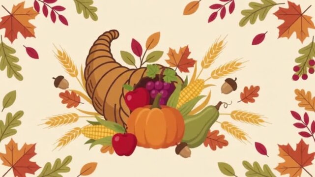 Traditional cornucopia overflowing with harvest fruits, pumpkins, wheat stalks, and autumn leaves on a light background.