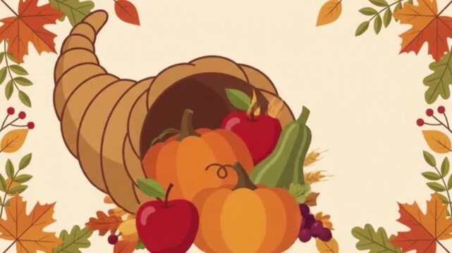 Cornucopia filled with autumn harvest including pumpkins, gourds, and apples surrounded by colorful falling leaves.