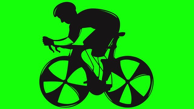 Cyclist in full gear speeds on a racing bicycle against a solid green background.