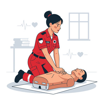 Paramedic practicing CPR on a manikin, medical training, emergency care, resuscitation, healthcare illustration