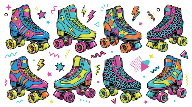 A vibrant collection of eight retro roller skates featuring 80s and 90s patterns like leopard print, stars, and lightning bolts in bright neon colors.