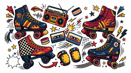 Fototapeta premium Vibrant hand-drawn collection of vintage roller skates, boombox, and cassette tapes in a colorful pop art sticker style.