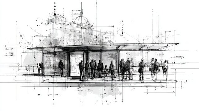 A black ink line drawing of a modern city structure. The sketch includes gestural drawings of people waiting at a bus stop in front of the building. Architectural blueprint style with dimension lines.