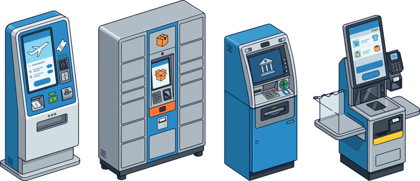 A modern vector collection of isometric self-service machines including an ATM, parcel locker, airport check-in kiosk, and retail self-checkout terminal.
