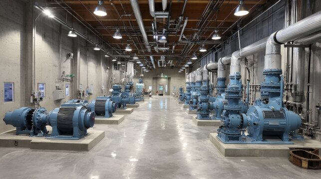 A wide shot of a large municipal pumping station interior. Multiple massive centrifugal water pumps driven by electric motors are aligned in a row. Complex overhead piping and large gate valves are