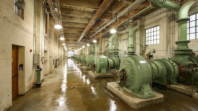 A wide shot of a large municipal pumping station interior. Multiple massive centrifugal water pumps driven by electric motors are aligned in a row. Complex overhead piping and large gate valves are