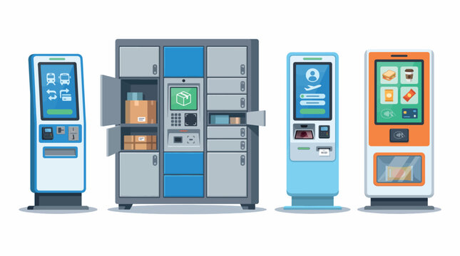 Professional vector illustration of self-service machines including parcel lockers, ticket kiosks, and vending machines for smart retail and logistics.
