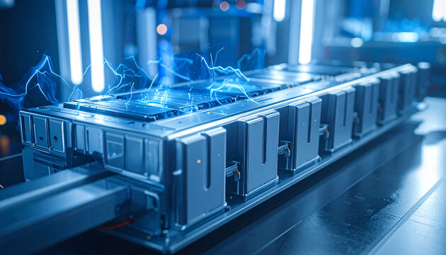 Electric Vehicle Battery Assembly: A close-up shot showcases the intricate assembly of an electric vehicle battery pack, with visible power conduits emitting blue electric sparks.