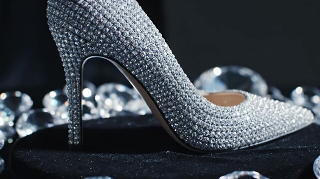 Close-Up Diamond-Studded Silver High Heel on a Reflective Surface Among Glass Orbs