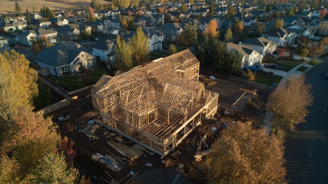 A stunning aerial photograph of a timber-frame house at sunset. Long shadows cast across the construction site. The wooden skeleton of the house stands out against the surrounding suburban