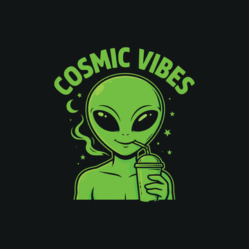 Chilled green alien character drinking beverage under cosmic vibes text emblem on dark background.