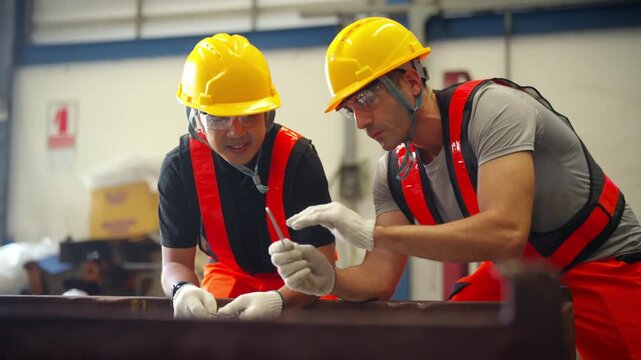 Factory worker and supervisor inspecting quality of metal parts after stamping machine process, checking steel components produced by industrial machinery for quality control in metal manufacturing