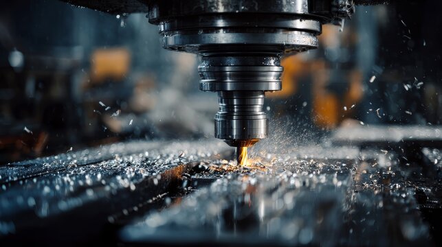 A dynamic photograph inside a heavy industry factory showing a CNC machine in full operation. The spindle is spinning rapidly, creating a motion blur. Metal chips cover the worktable. The atmosphere