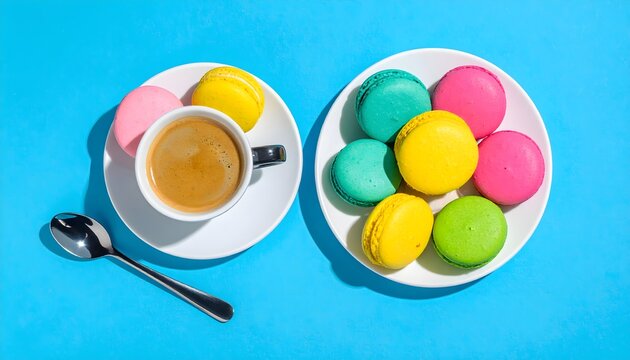flat lay colourful macarons or macaroons with espresso cup on blue background