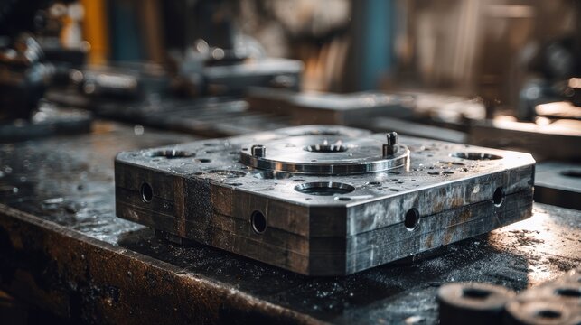 Close-up of a steel drilling jig template resting on a workbench. The object is heavy industrial metal with precise guide holes. Traces of machining oil and tool marks are visible on the surface.